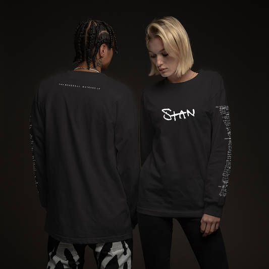 Two models in black Eminem Stan long sleeve shirts with white script and sleeve text