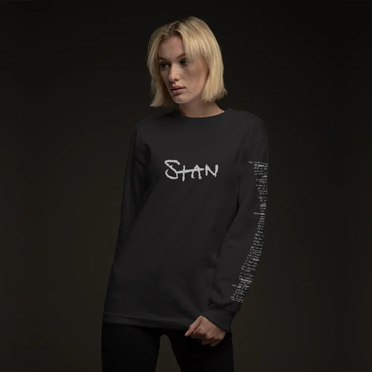 Woman wearing the black Eminem Stan long sleeve with white Stan chest script