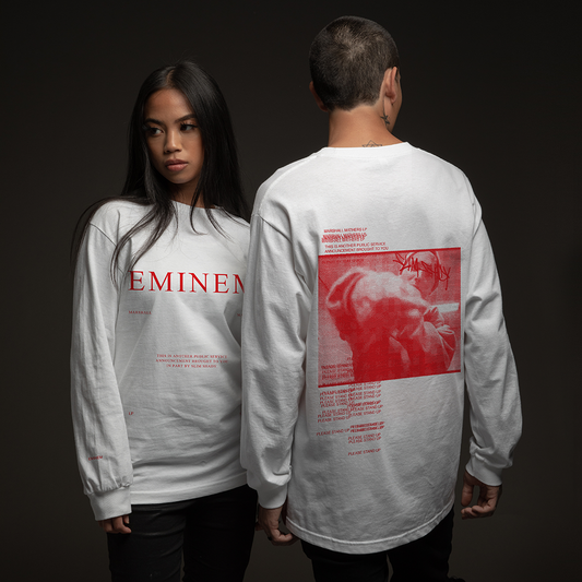 Two models in white Eminem MMLP PSA long sleeve shirts with red front and back prints