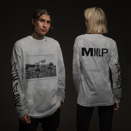 Two models in grey tie-dye Eminem Drug Ballad long sleeve shirts, MMLP front and back prints