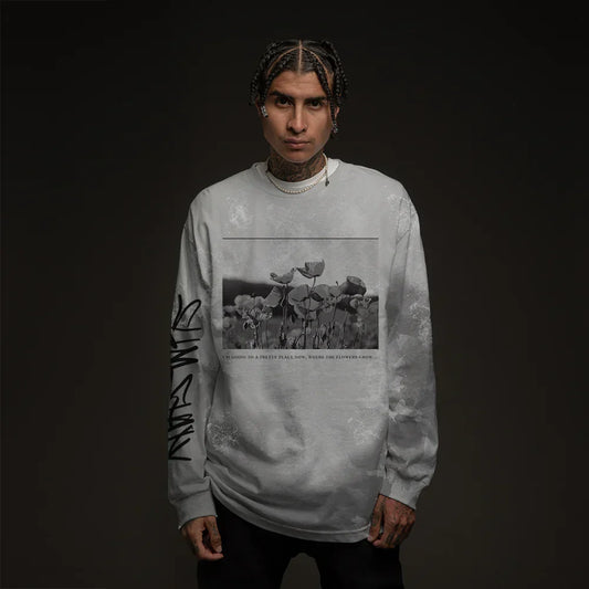 Man wearing the grey tie-dye Eminem Drug Ballad long sleeve with photo panel chest print