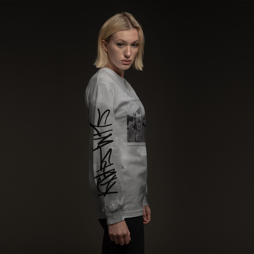 Side view of the Eminem Drug Ballad long sleeve showing the graffiti script sleeve print