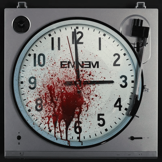 Eminem 3 AM / My Mom picture disc vinyl on a turntable, blood-splattered clock face artwork with reversed Eminem logo