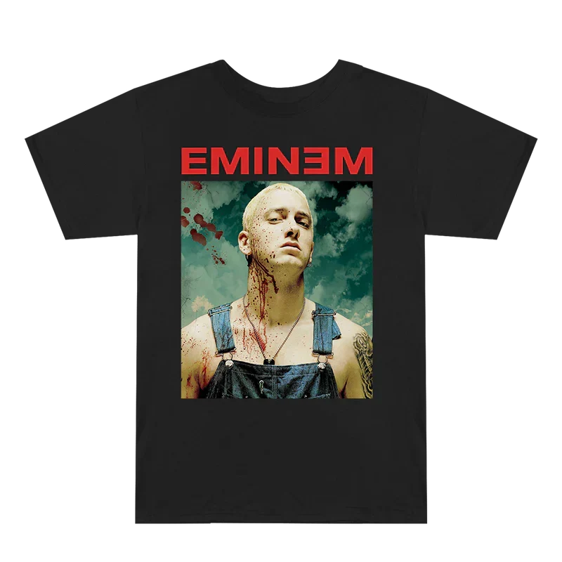 Black Eminem Bloody Chainsaw T-shirt flat lay with red Eminem logo and chainsaw portrait print