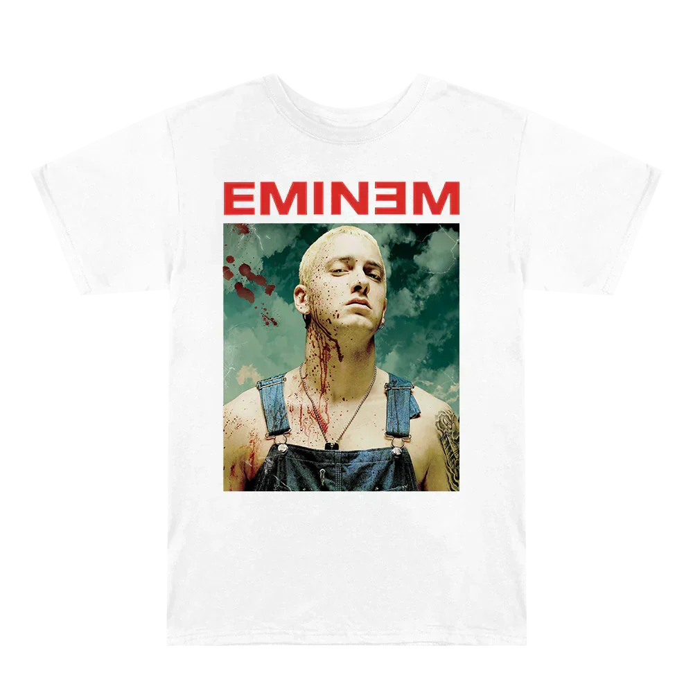 White Eminem Bloody Chainsaw T-shirt laid flat, red Eminem logo above the chainsaw portrait
