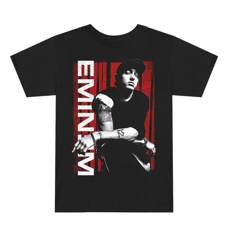 Black Eminem Graphic Lean T-shirt flat lay with red and white leaning portrait print
