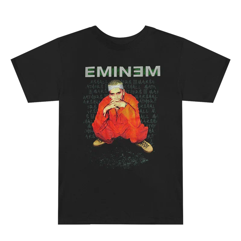 Black Eminem Orange Jumpsuit T-shirt flat lay with prison jumpsuit photo and green Eminem logo