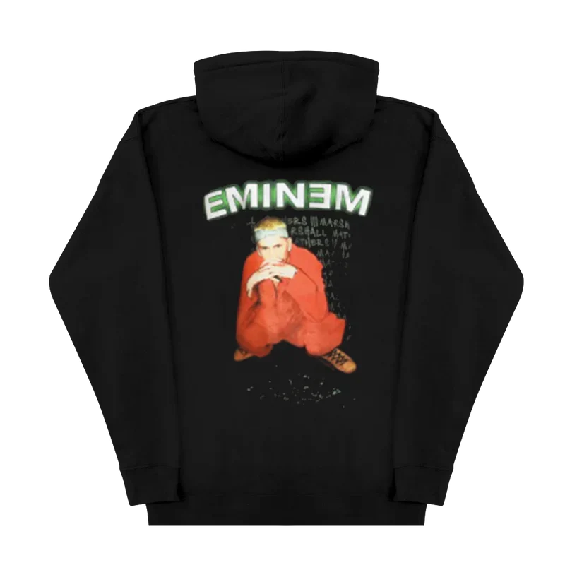 Back of the black Eminem Orange Jumpsuit hoodie with green logo and seated portrait