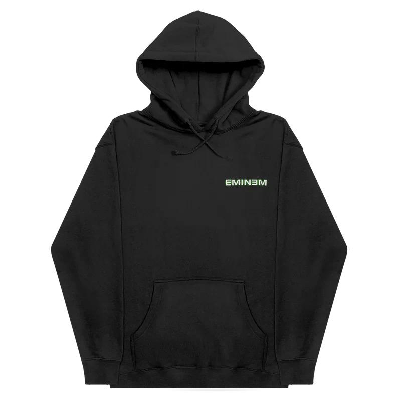 Front of the black Eminem Orange Jumpsuit hoodie with small green chest lettering