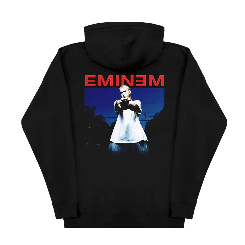 Back of the black Eminem Powerline hoodie flat with red logo over blue photo panel