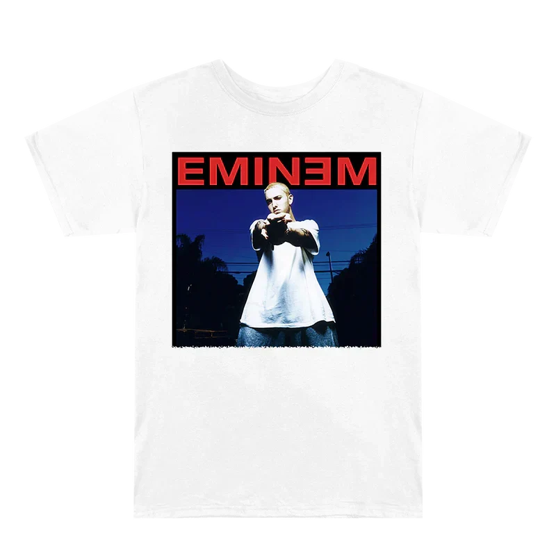 White Eminem Powerline photo T-shirt flat lay with red Eminem logo and blue photo panel