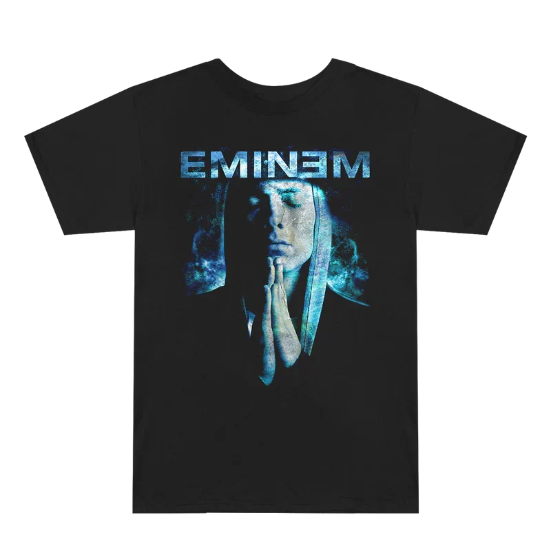 Black Eminem Praying graphic T-shirt flat lay, blue Eminem logo above the praying portrait