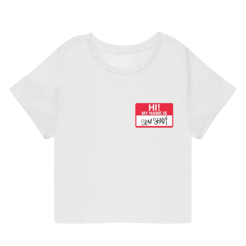 White Eminem Hi! My Name Is cropped T-shirt flat lay with red name tag chest print