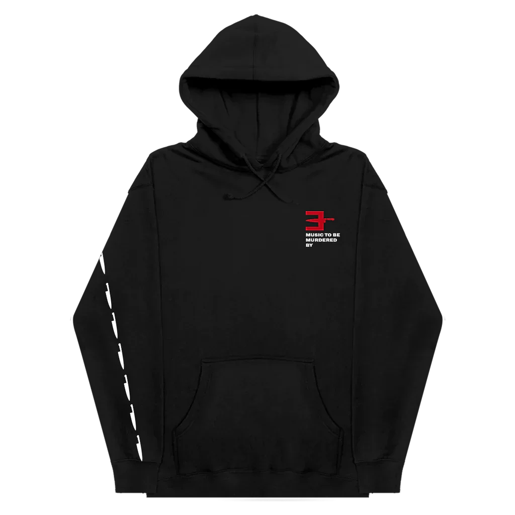 Black Eminem MTBMB Knife hoodie with red E logo chest print and dashed sleeve stripe