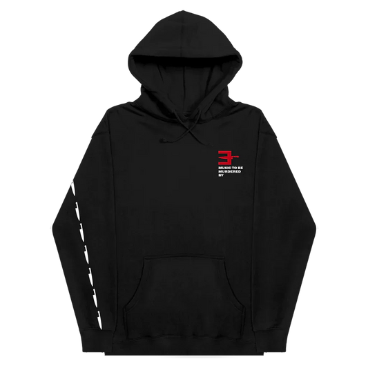 Black Eminem MTBMB Knife hoodie with red E logo chest print and dashed sleeve stripe