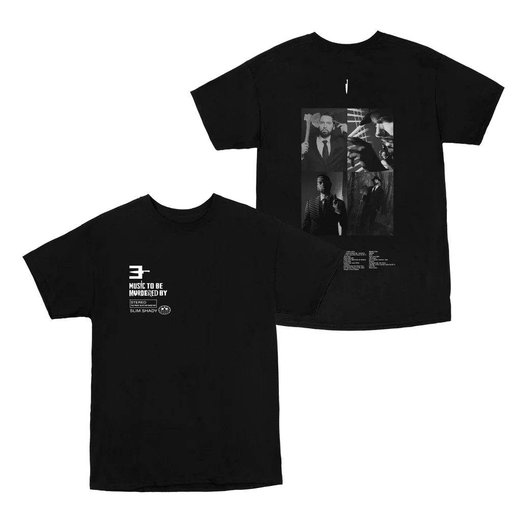 Black Eminem MTBMB Photo T-shirt front and back flat lay with E logo and portrait print