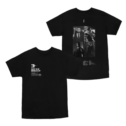 Black Eminem MTBMB Photo T-shirt front and back flat lay with E logo and portrait print