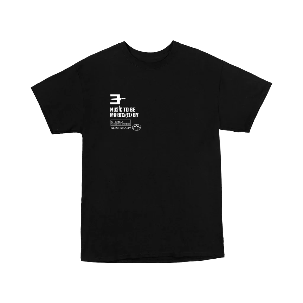 Front of the black Eminem MTBMB Photo T-shirt with E logo and Music To Be Murdered By text