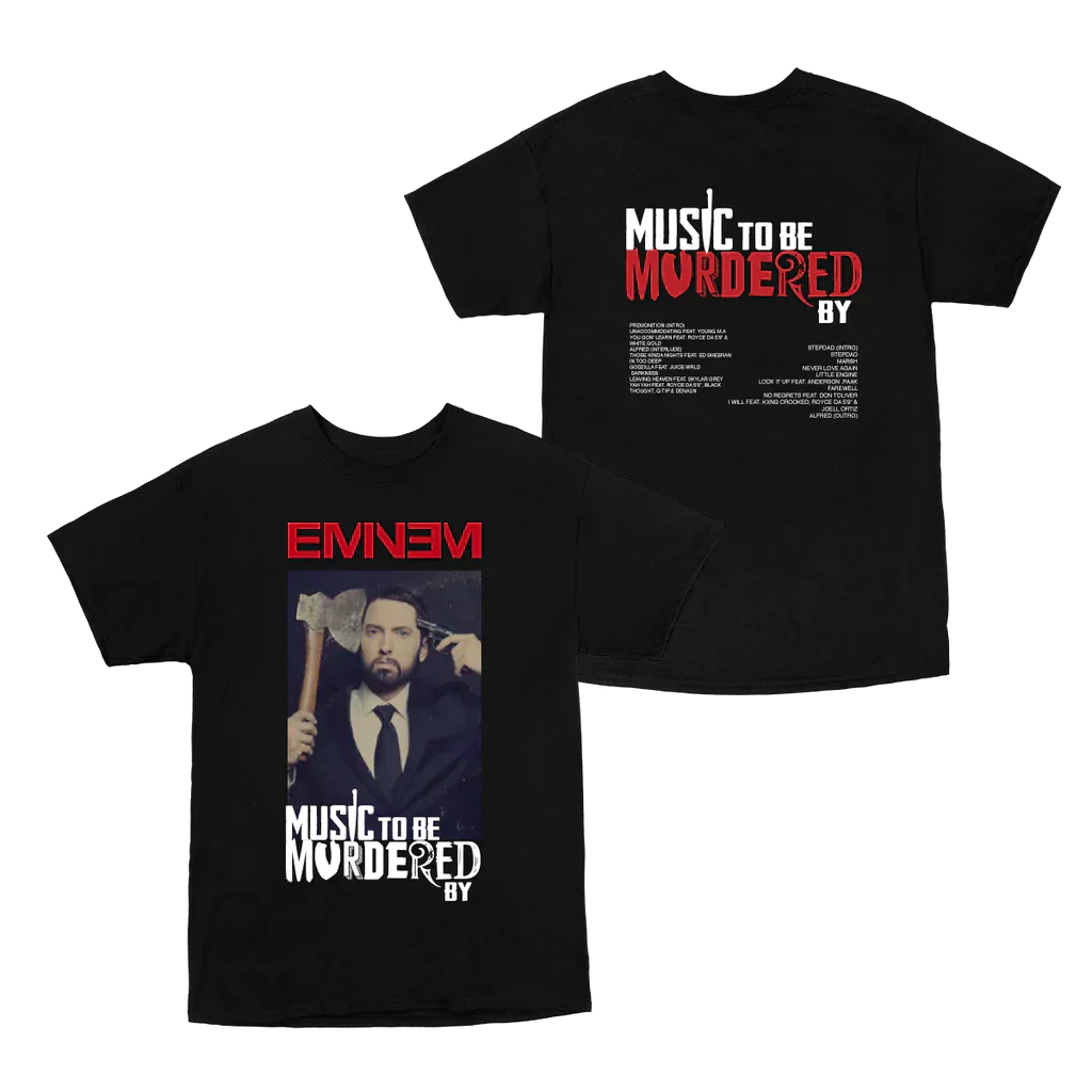 Black Eminem MTBMB Album T-shirt front and back flat lay with Music To Be Murdered By artwork