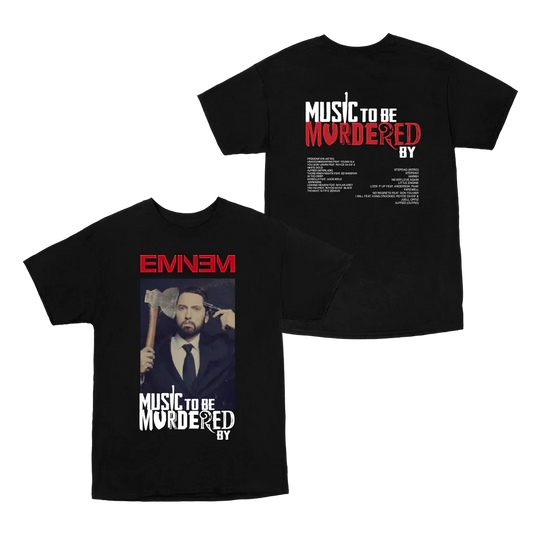 Black Eminem MTBMB Album T-shirt front and back flat lay with Music To Be Murdered By artwork