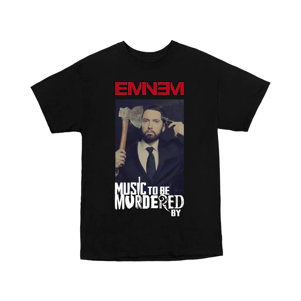 Front of the black Eminem MTBMB Album T-shirt with red logo and album cover portrait