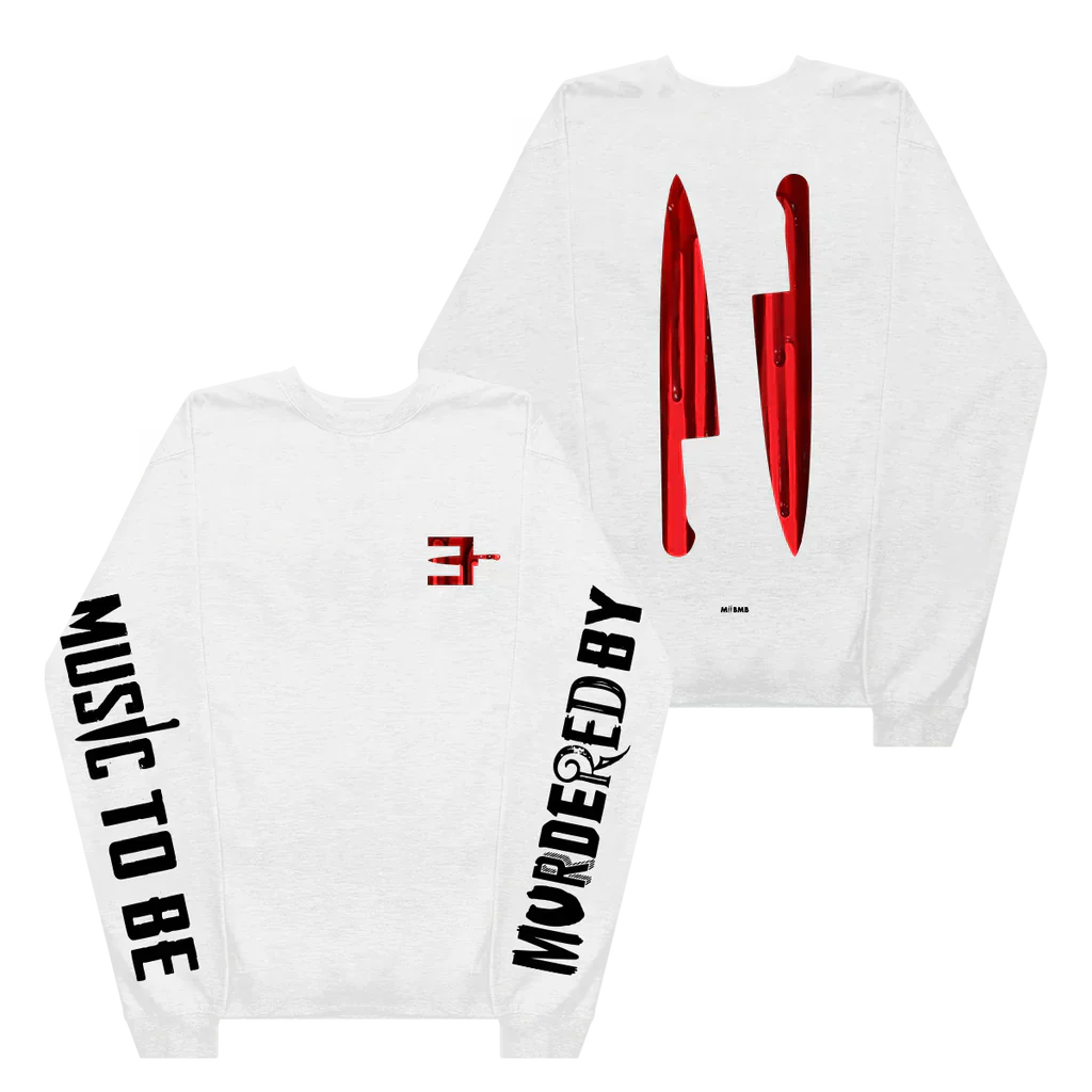 White Eminem MTBMB Bloody long sleeve front and back flat lay with red knife graphic