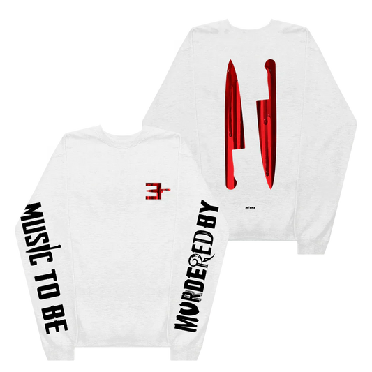 White Eminem MTBMB Bloody long sleeve front and back flat lay with red knife graphic