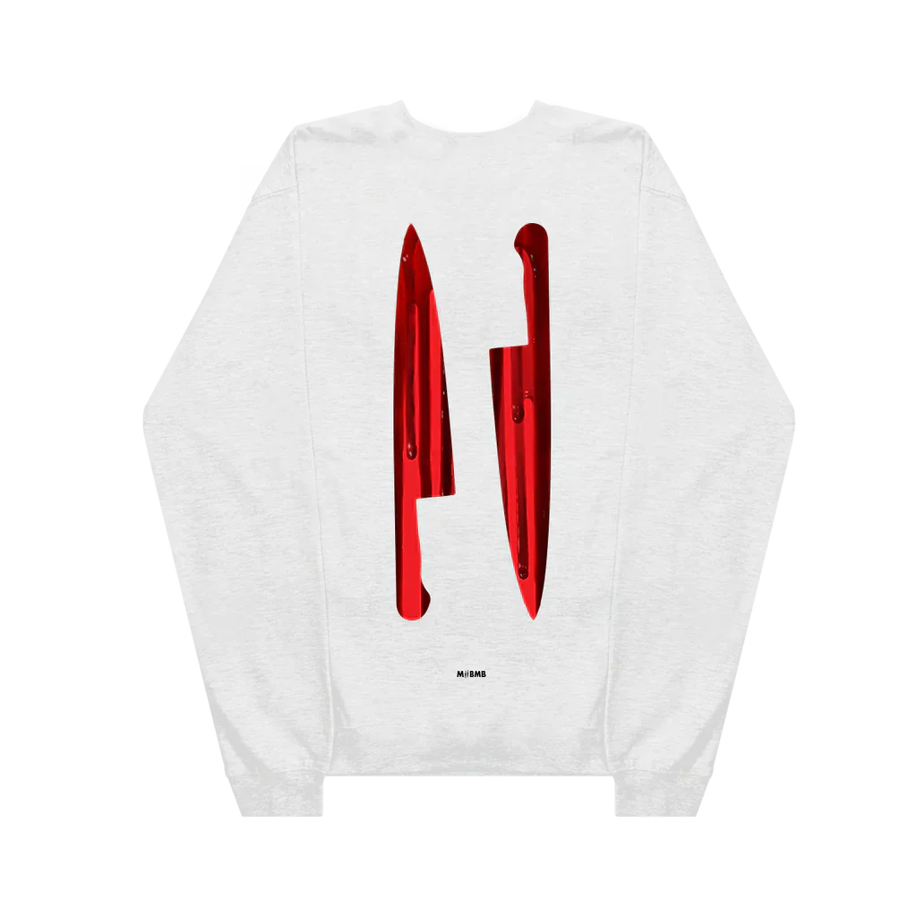 Back of the white Eminem MTBMB Bloody long sleeve with red bloodied knives graphic