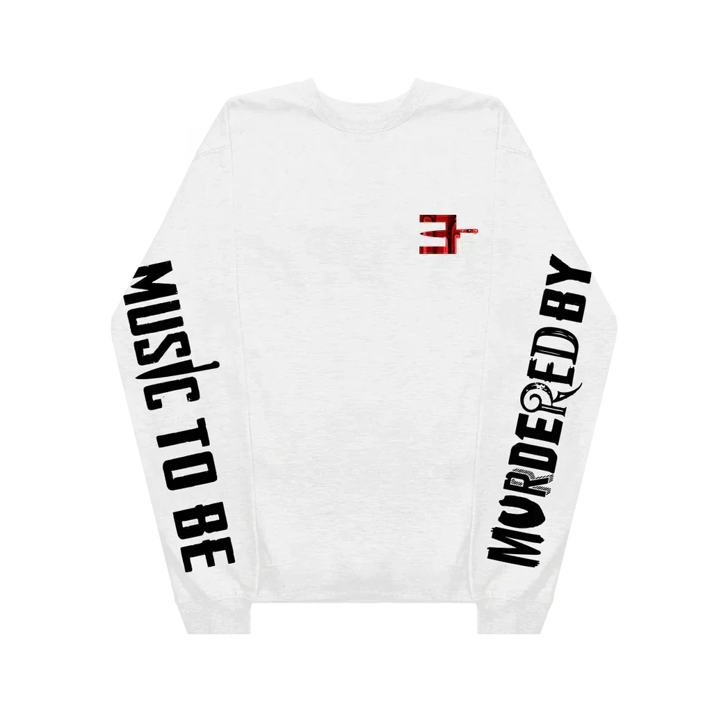 Front of the white Eminem MTBMB long sleeve with Music To Be Murdered By sleeve prints