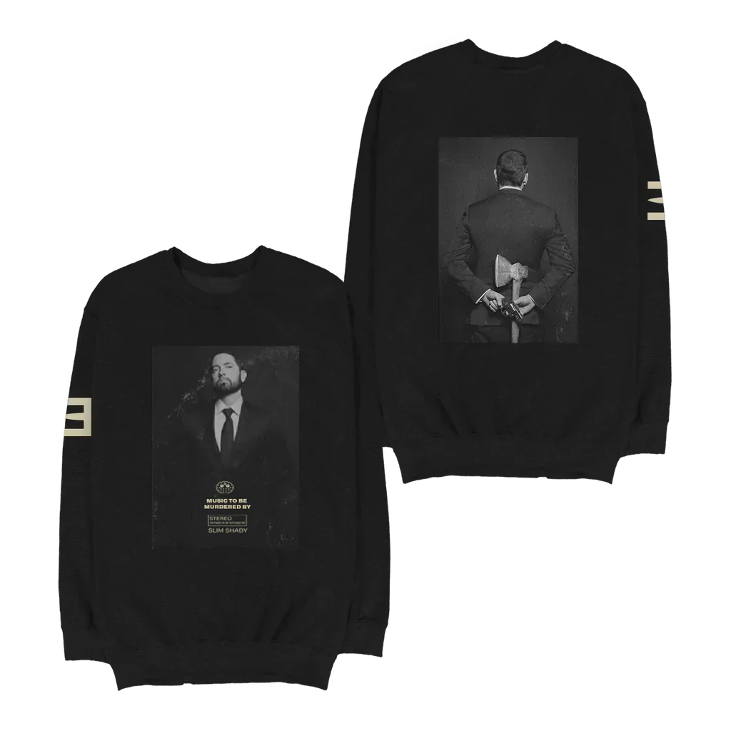 Black Eminem MTBMB Photo crewneck front and back flat lay with monochrome portrait prints