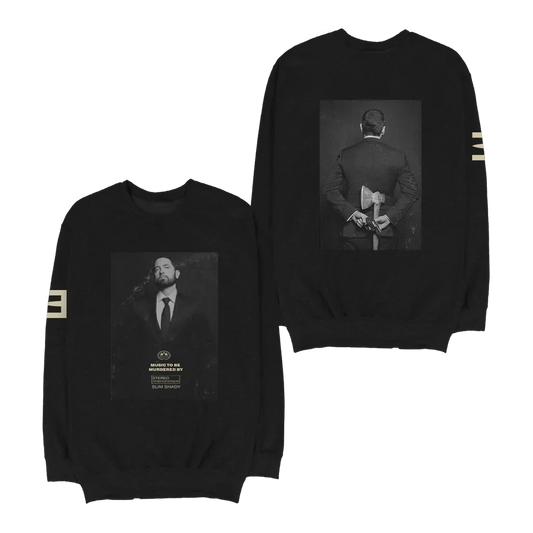 Black Eminem MTBMB Photo crewneck front and back flat lay with monochrome portrait prints