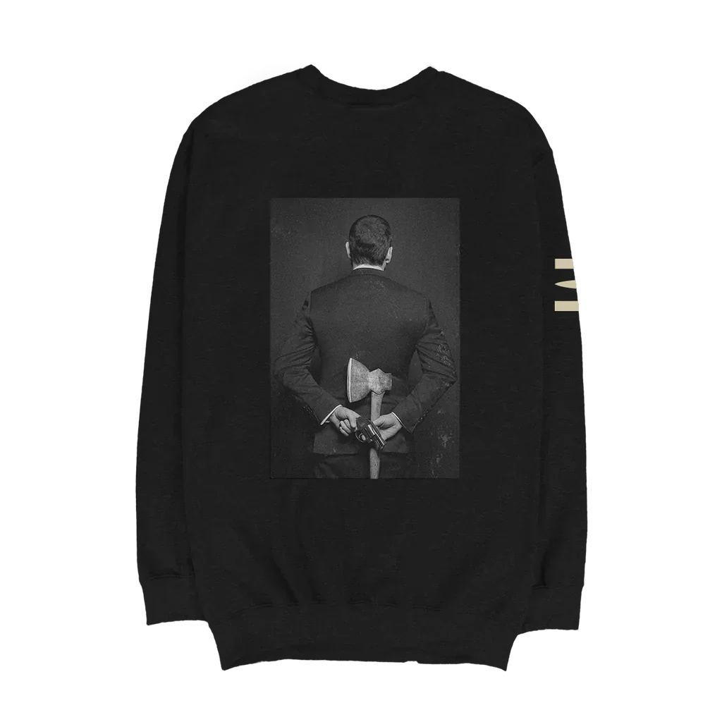 Back of the black Eminem MTBMB Photo crewneck with monochrome portrait panel