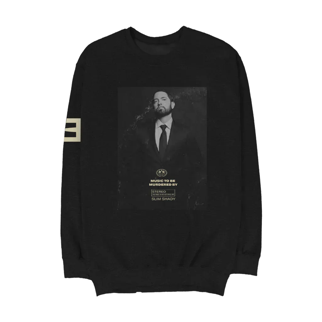 Front of the black Eminem MTBMB Photo crewneck with suited portrait chest print