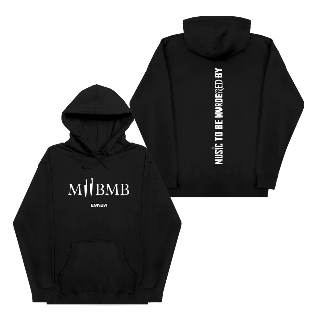 Black Eminem MTBMB Logo hoodie front and back flat lay with vertical sleeve lettering