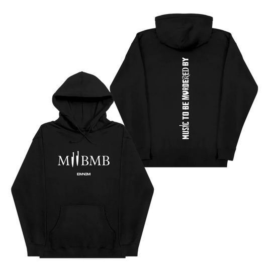Black Eminem MTBMB Logo hoodie front and back flat lay with vertical sleeve lettering