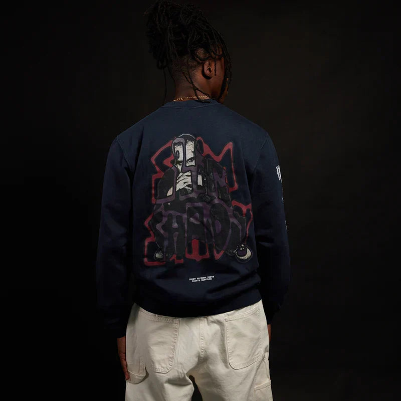 Back of the navy Eminem Graffiti Slim crewneck showing the red Slim Shady graffiti print