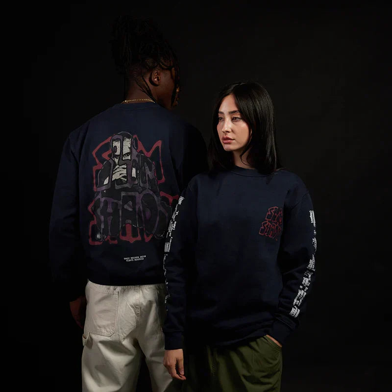 Two models in navy Eminem Graffiti Slim crewnecks with red graffiti back prints