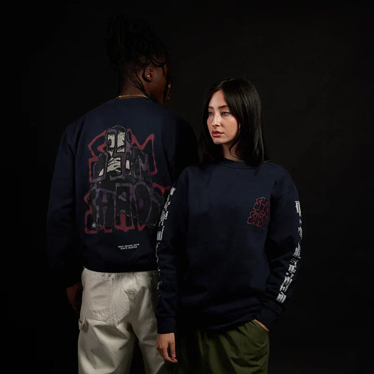 Two models in navy Eminem Graffiti Slim crewnecks with red graffiti back prints