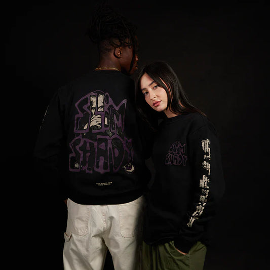 Two models in black Eminem Graffiti Slim crewnecks showing the Slim Shady back print