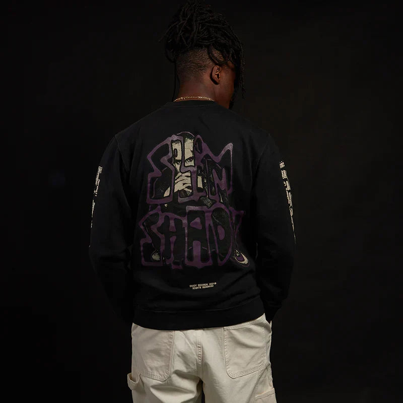 Back of the black Eminem Graffiti Slim crewneck with large Slim Shady graffiti print