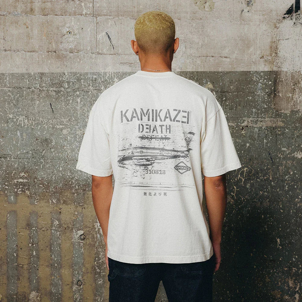 Back of the cream Eminem Kamikaze Propaganda T-shirt with plane and text print