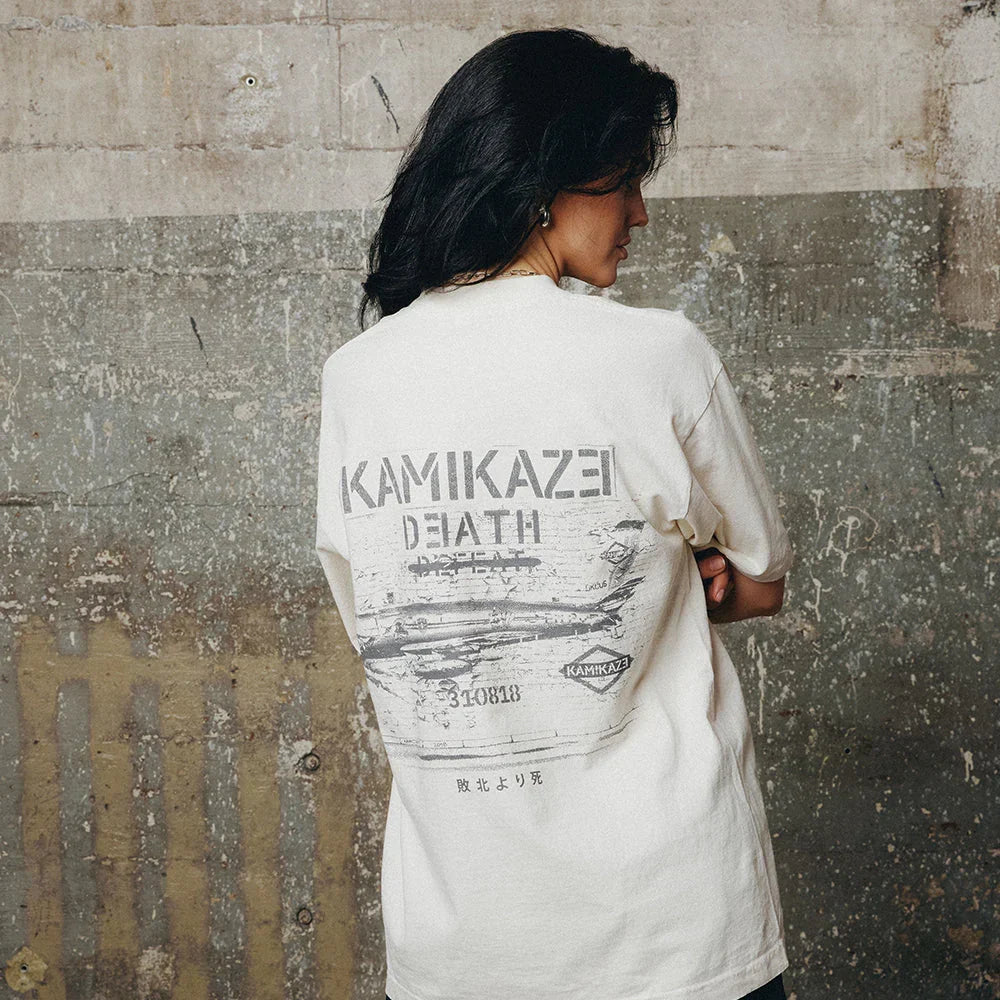 Back view of the cream Eminem Kamikaze Propaganda T-shirt with fighter plane graphic