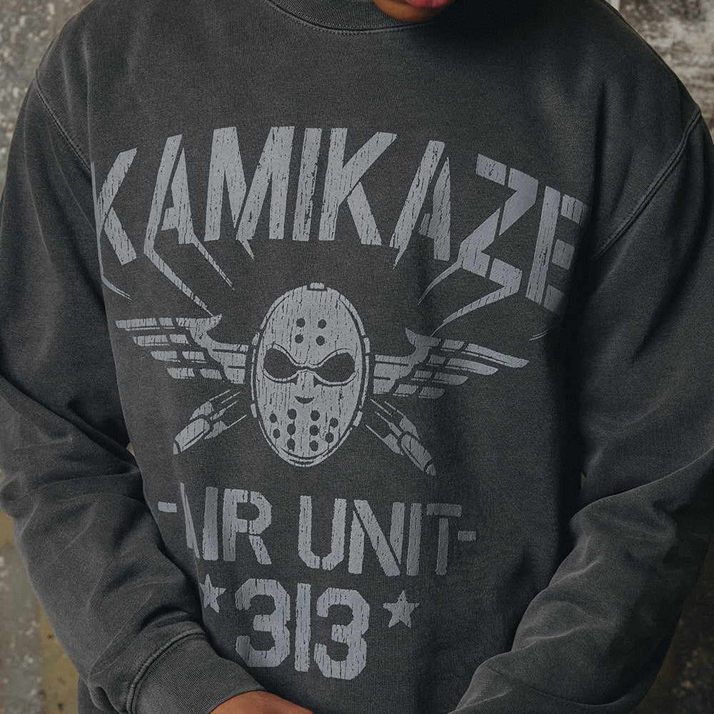 Chest print close-up of the Eminem Kamikaze Air Unit 313 crewneck, hockey mask and lightning bolts
