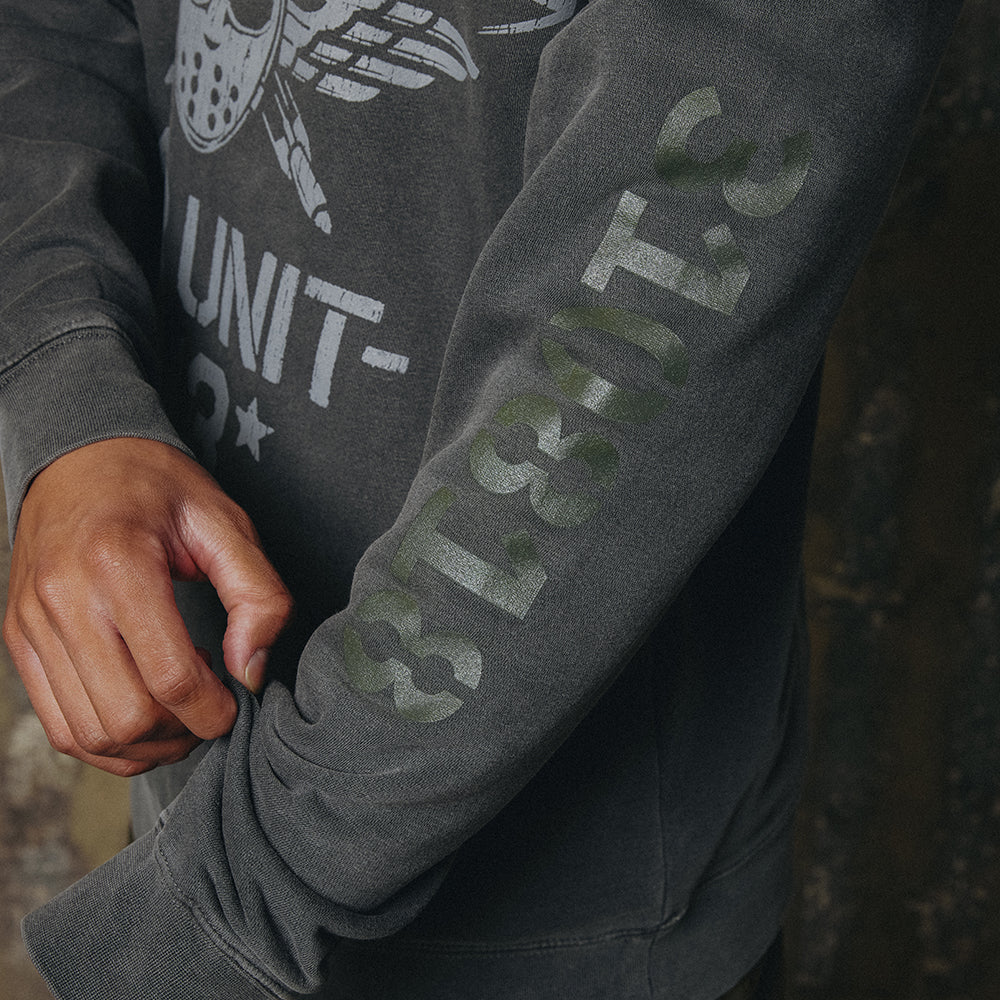Sleeve print detail on the grey Eminem Kamikaze Air Unit crewneck sweatshirt