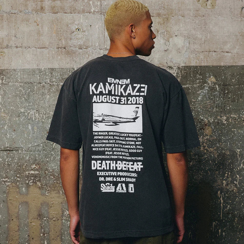 Back of the washed black Eminem Kamikaze Vintage Album T-shirt, August 31 2018 print