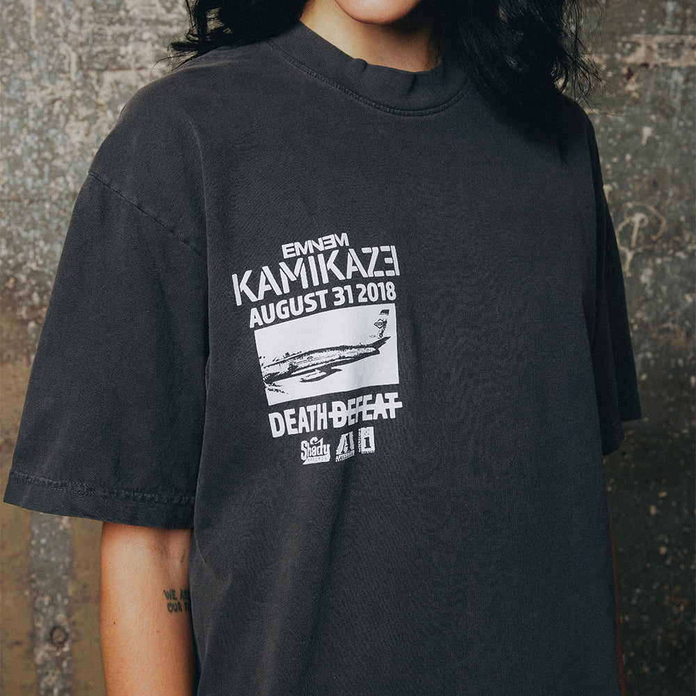 Close-up of the Eminem Kamikaze Vintage Album T-shirt back graphic with plane artwork