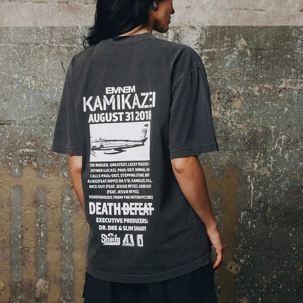 Back print detail: Eminem Kamikaze August 31 2018 Death Before Defeat on the T-shirt