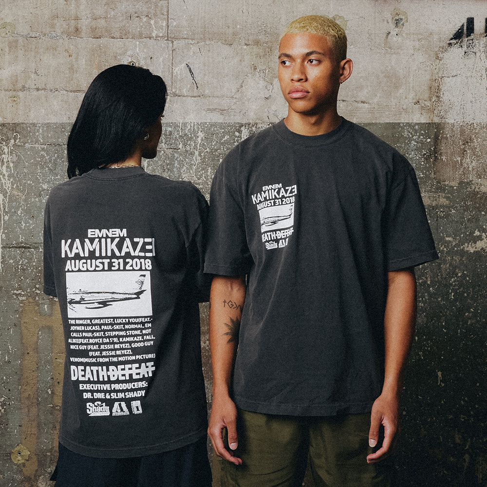 Two models in washed black Eminem Kamikaze Vintage Album T-shirts, front and back prints