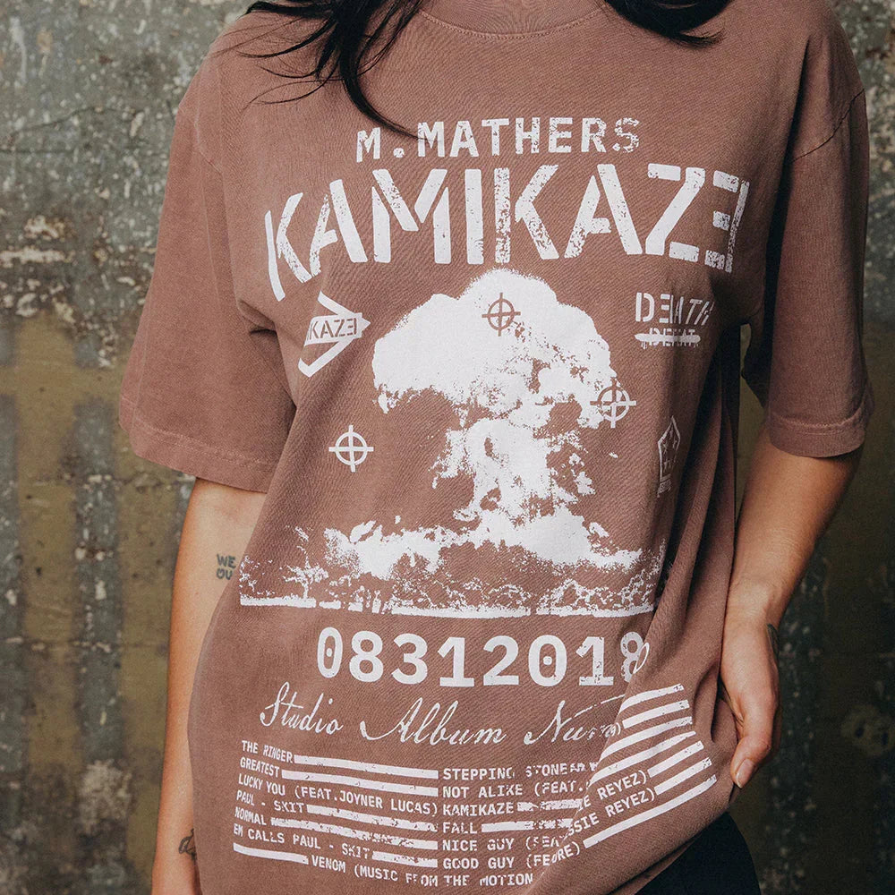 Close-up of the Eminem Kamikaze T-shirt print, M. Mathers Kamikaze and 08312018 release date