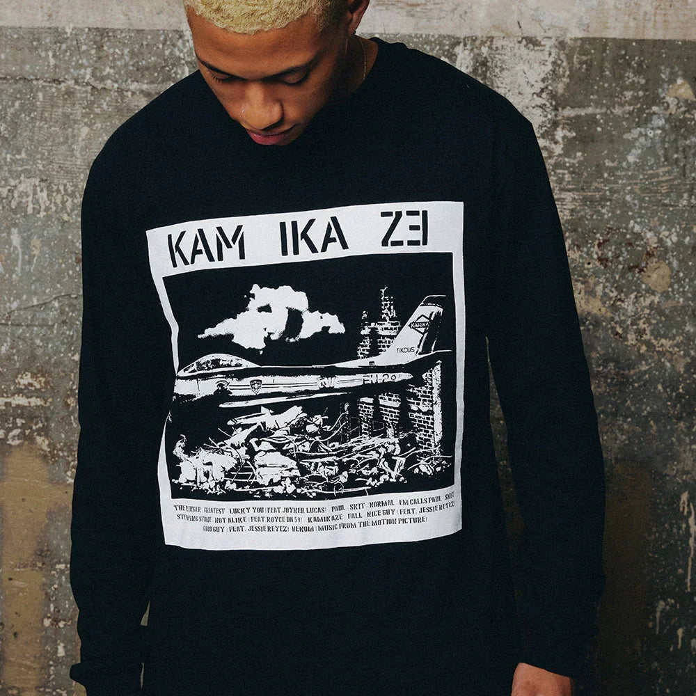 Close-up of the Kamikaze rubble print on the black Eminem long sleeve shirt